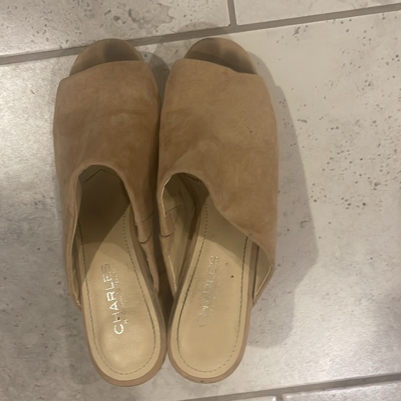 Charles David 7.5 4 inch heels. Peep toe. Slip in clogs. Tan. Stacked. - Picture 3 of 4